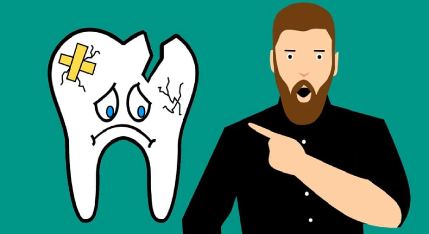 cartoon man pointing to a cartoon broken tooth with a frown